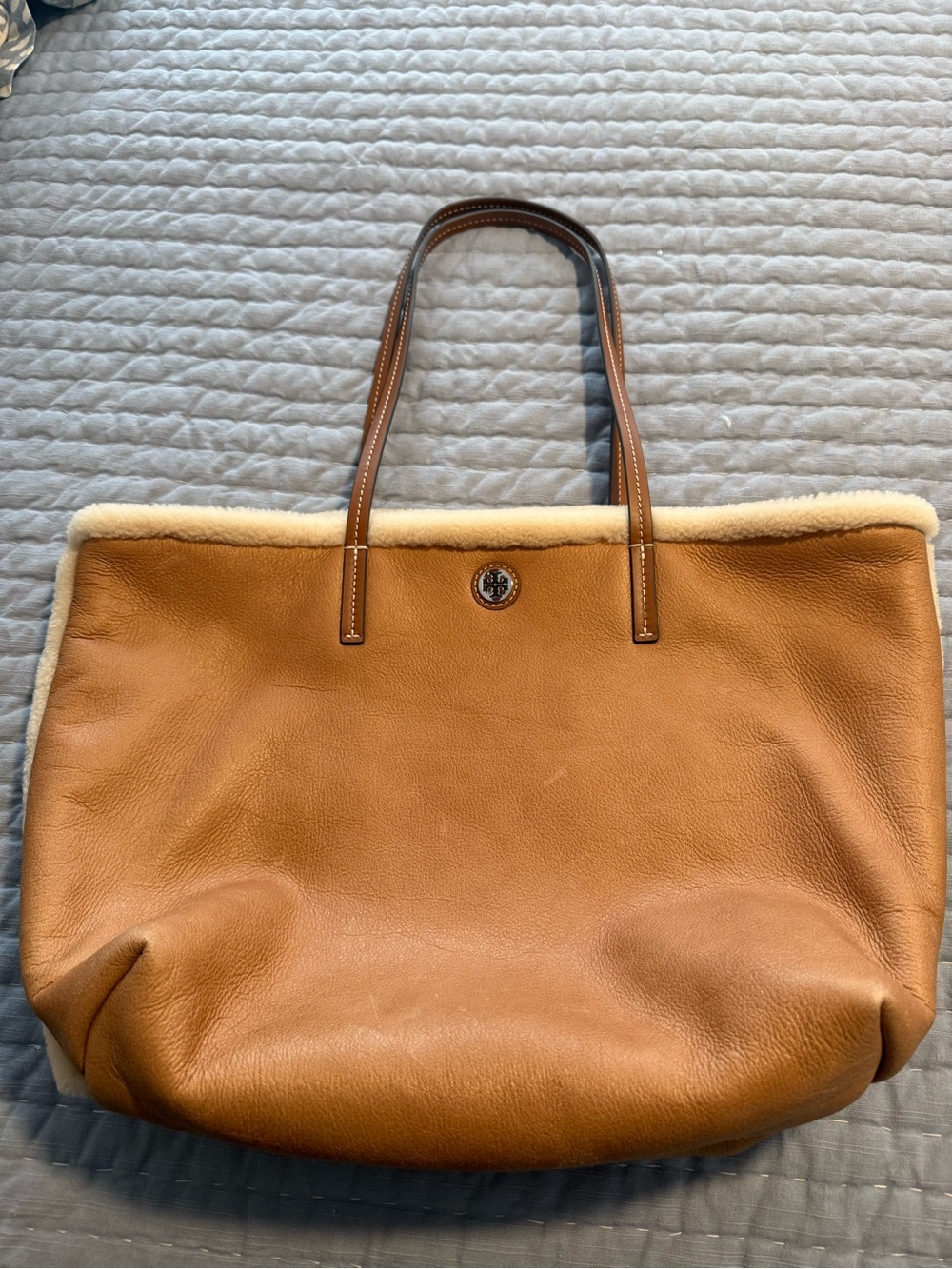 Tory Burch Tan Leather Tote with Shearling Trim